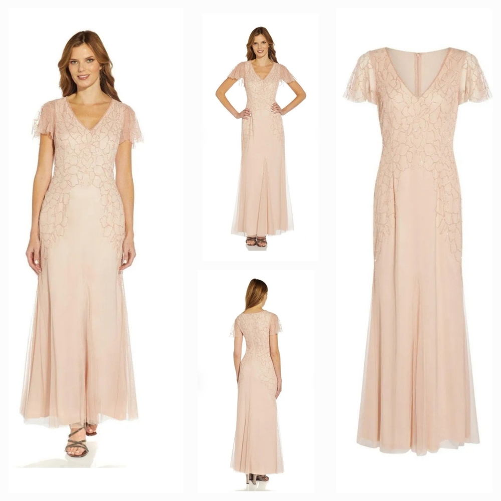 NWT Papell Studio Gorgeous Beaded Maxi Dress Flutter Sleeves Blush Womens 12